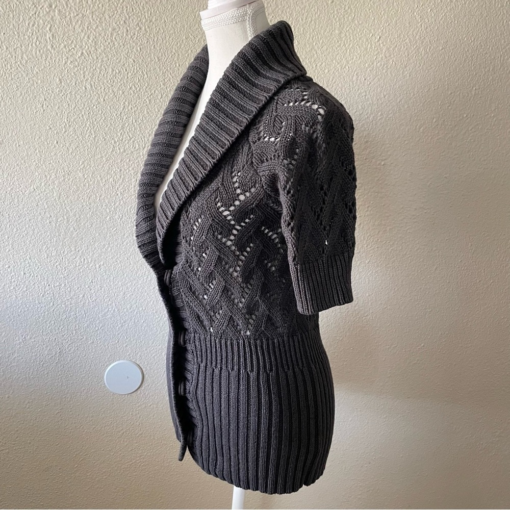 Eddie Bauer Shawl Collar Knit Cardigan Sweater Women’s M Gray Short Sleeve Y2K - Picture 6 of 16